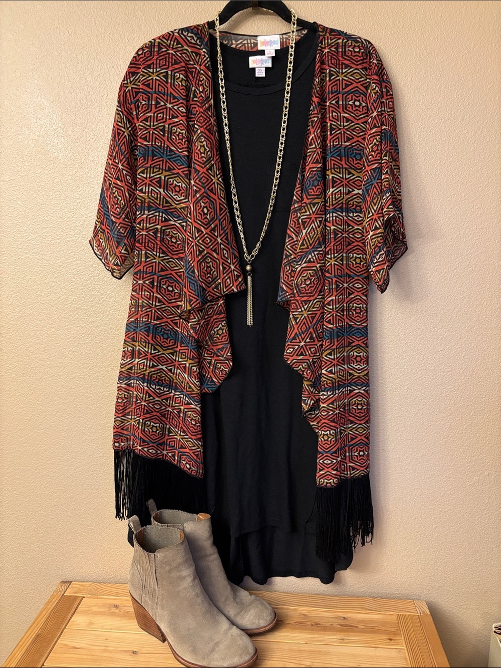 LuLaRoe MONROE Geometric Print Kimono S Rust Mustard Slate Black Fringe